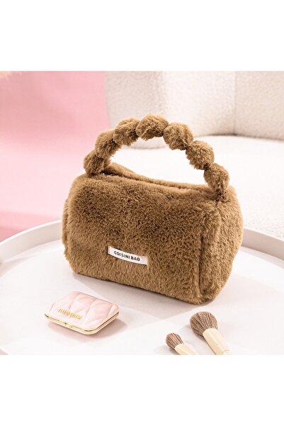 DEKOHOP Peluş Makyaj Kozmetik Bakım Malzemesi Çantası ve Kürklü Seyahat Organ...