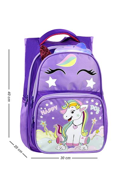 Çanta Trend Imprimat cu unicorn violet, rezistent la apă, spate ortopedic, ghiozdan pentru școală primară + cutie de prânz