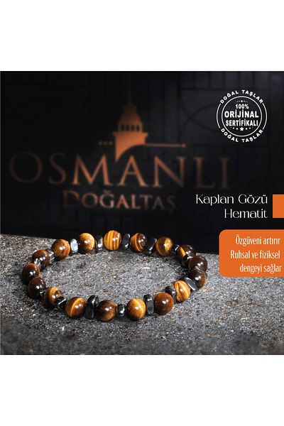 OSMANLI DOĞAL TAŞ Ottoman Tiger Eye & Hematite Stone Bracelet - Certified Protection & Balance