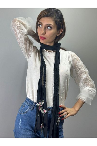 Gönülden Tasarım Women's Floral Print Scarf with Black Chain - Shawl Length 200 cm