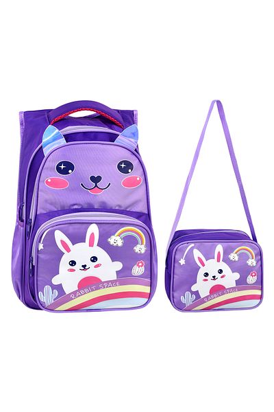 Çanta Trend Imprimat iepure violet, rezistent la apă, spate ortopedic, ghiozdan pentru școală primară + cutie de prânz