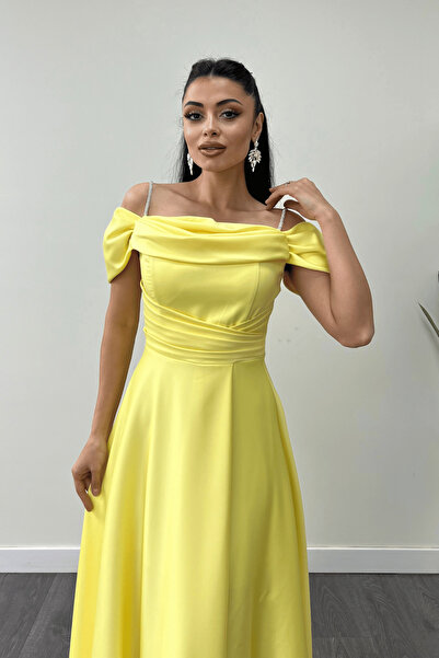 giyimmasalı Saten Kumaş Büzgülü Askılı Abiye Elbise - SARI