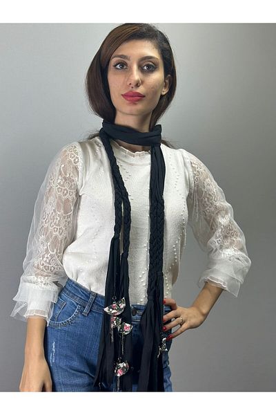 Gönülden Tasarım Women's Floral Print Scarf with Black Chain - Shawl Length 200 cm