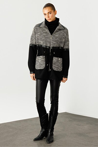 Moda İlgi Modailgi  Düz ve Deri Kumaş Garnili Dik Yakalı Tunik Siyah