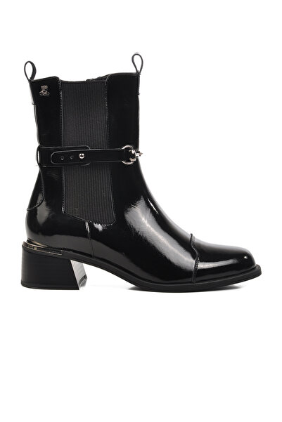 Venüs 2352402K Γυναικείες μπότες από γνήσιο δέρμα με μαύρο λουστρίνι και φλις εσωτερικά