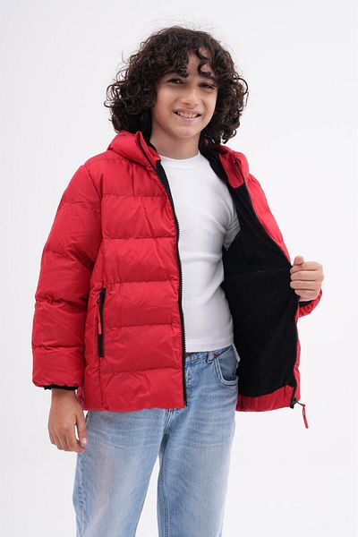 Mina Boy's Red Filled Inner Fleece Hooded Winter Inflatable Children's Coat Coat