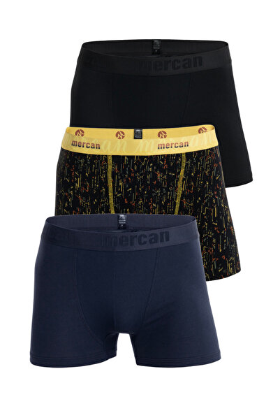Mercan 3-Piece Men's Multicolored Cotton Lycra Boxer (Black Navy Blue Tetris)