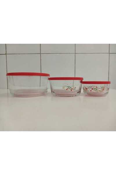 LAV مجموعة Feyzade مكونة من 3 صناديق تخزين دائرية (1490CC-800CC-380CC) بغطاء أحمر بزخارف وردية