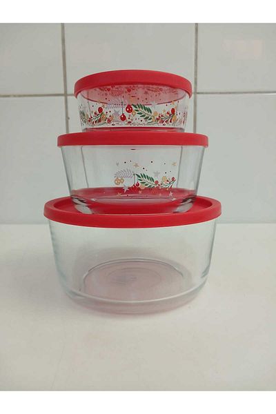 LAV Feyzade Set of 3 Circle Storage Boxes (1490Cc-800Cc-380Cc) Rose Motif with Red Lid