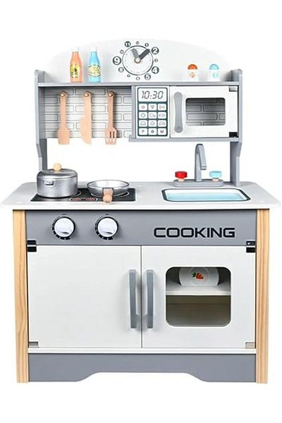 ALBADER Play Kitchen, Real Wooden Kitchen Set for Kids with Microwave, Wooden Play Kitchen