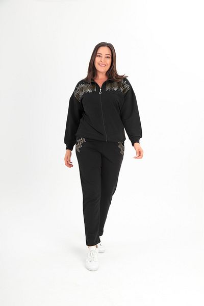Esina Women's Two Thread Front Zippered Stone Detailed Pipe Leg Tracksuit Set