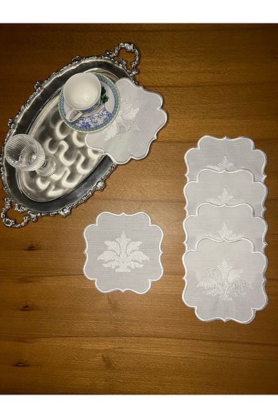 Smiling Home Linen Linen Ecru Color Ottoman Patterned 6 Pieces Cocktail Serving Napkin