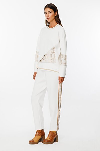 Moda İlgi Modailgi Varak Kumaş Detaylı Ribanalı Kesikli Örme Tunik Ekru