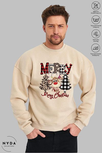 Nyda Collections Unisex ελάφια Καλά Χριστούγεννα Πρωτοχρονιά με στάμπα με λαιμόκοψη χωρίς κουκούλα υπερμεγέθη φούτερ