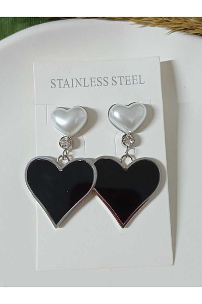 mos&more Black Heart Stylish Women's Earrings with Dangle Pearls