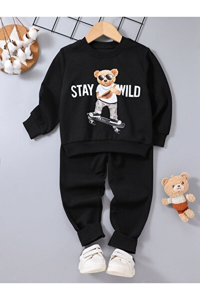 LUNAVISTA طقم بدلة رياضية للأطفال بطبعة Stay Wild Bear - منتج للجنسين كبير الحجم