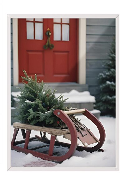 Postifull Tablou cu rama alba, poster de Anul Nou, decor de Anul Nou, serie Wooden Sleigh Comfort NR:108620