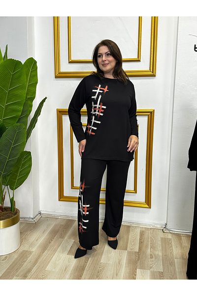 Yasem XXL Women's Plus Size Stone and Print Detailed Tracksuit Set