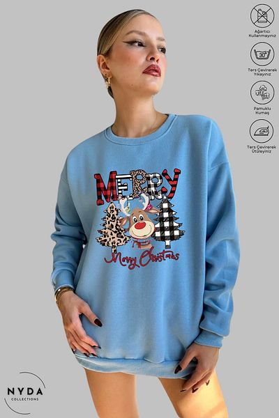 Nyda Collections Hanorac supradimensionat unisex Deer Crăciun Fericit Anul Nou imprimat cu gâtul turn fără glugă