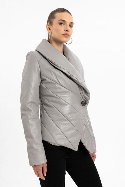 Deriderim Vanesa Gray Inflatable Stitched Single Button Women's Genuine Leather Coat