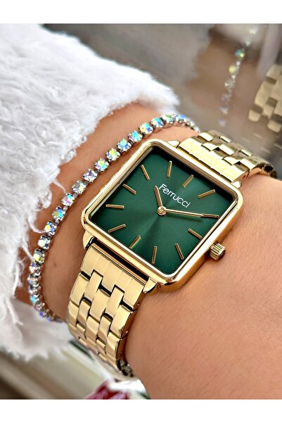 Ferrucci Altın Renk Kare Sade Model Büyük Kasa Kadın Kol Saati + BİLEKLİK