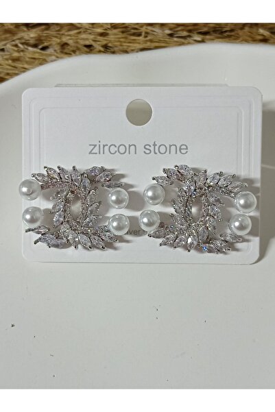 mos&more Gümüş Zirkon Taşlı Incili Marka Şık Kadın Küpe