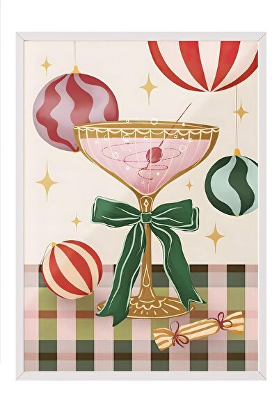 Postifull Beyaz Çerçeveli Tablo, Yılbaşı Poster, Yılbaşı Dekoru, Festive Cock...