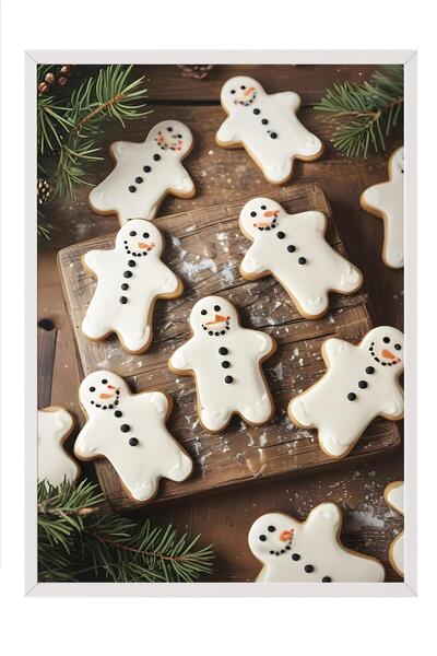 Postifull Beyaz Çerçeveli Tablo, Çerçeveli Yılbaşı Poster,  Gingerbread Snowm...