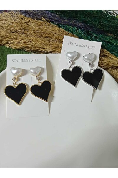 mos&more Black Heart Stylish Women's Earrings with Dangle Pearls