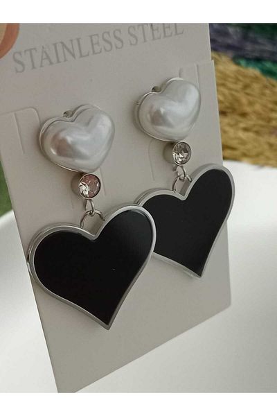 mos&more Black Heart Stylish Women's Earrings with Dangle Pearls