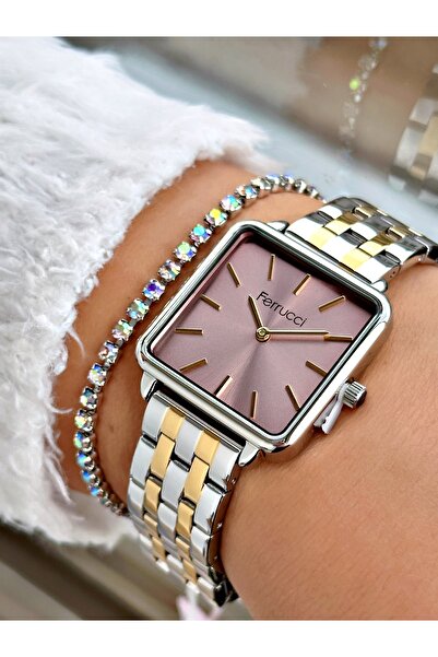 Ferrucci Altın Gümüş Renk Kare Sade Model Büyük Kasa Kadın Kol Saati + BİLEKLİK