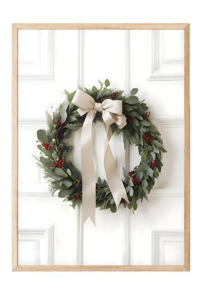 Postifull Tablou cu rama din lemn, poster de Anul Nou, decor de Anul Nou, serie Comfort cu coroana de eucalipt NR:108621