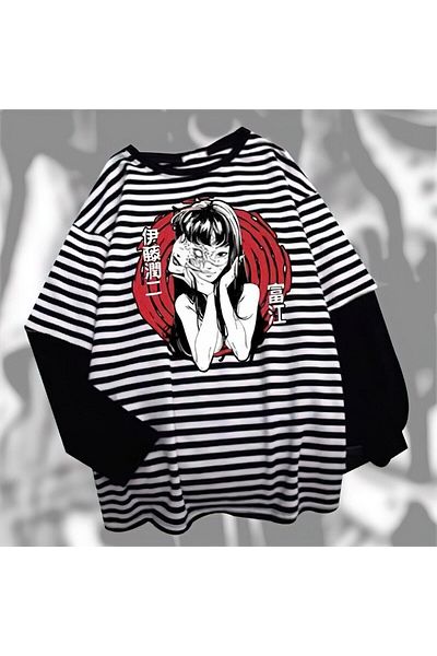 FG KONNİCHİWA Tomie Gothic Girls Anime Black Striped Long Sleeve Unisex T-Shirt