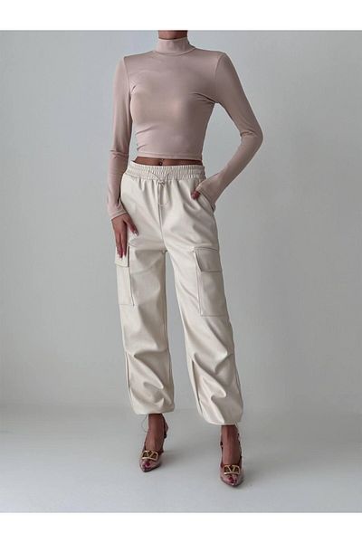 Quzu Stone Colored Cargo Leather Trousers with Pocket Detail