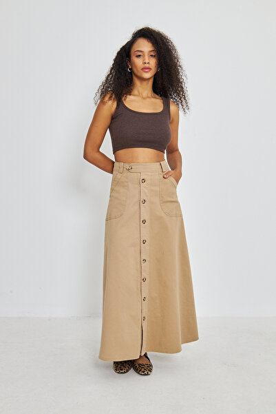 Atölye Güven Camel 100% Cotton Special Design Button Front Pocket Long Bell Skirt