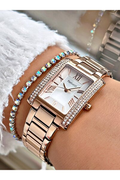 Ferrucci Rose Gold Renk Kare Taşlı Model Çelik Kordon Kadın Kol Saati + BİLEKLİK