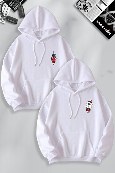 macklin Spiderman and Hello Kitty Printed New Year's Themed Hooded Sweatshirt - Couple Combination Set of 2