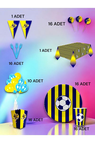 VibeHome Yellow Navy Blue Fan Luxury Set for 16 - Birthday Party and Fun Events
