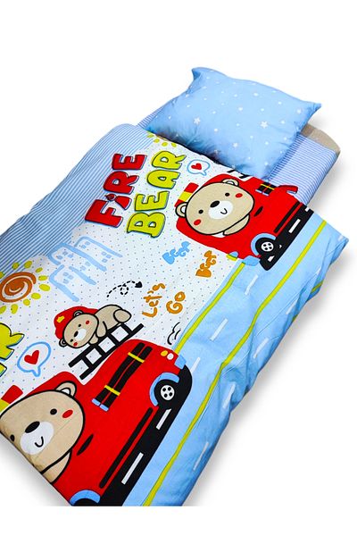 Bebek Özel 90X190 Cotton Children's Montessori Pillow and Bed Sheet Set - Fire Department Bears