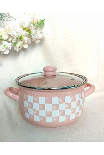 EBRULİEMAYE Pembe Dama Emaye Tencere 22 Cm Çap 4 Litre Süt Yoğurt Çorba Tence...