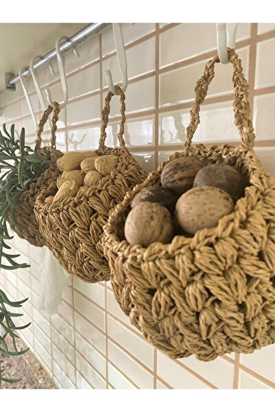 Bohodella 3’lü Mutfak Dekoru Askılı Dekoratif Hasır Mini Sepet