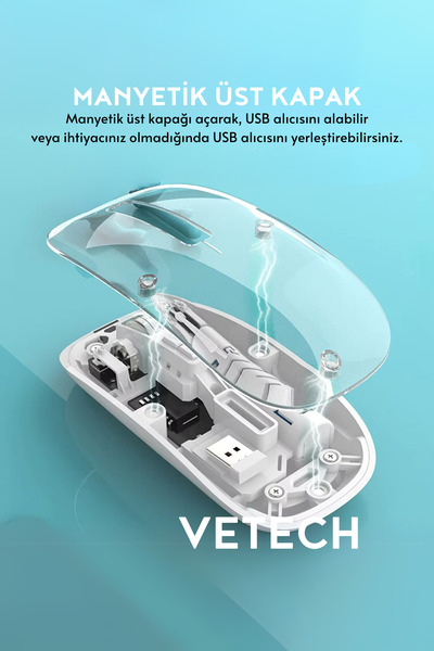 Vetech Şarjlı Kablosuz Mouse Şeffaf Tasarım Bluetooth + USB Çift Mod Telefon / Tablet / Laptop / PC