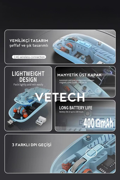 Vetech Şarjlı Kablosuz Mouse Şeffaf Tasarım Bluetooth + USB Çift Mod Telefon / Tablet / Laptop / PC