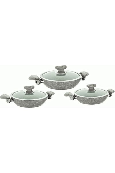 new and single Gray Granite Pan - Set of 3 6 Pieces, 18-20-22 cm Glass Lid Pan