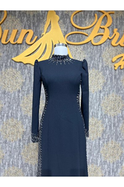 MODA Siyah Uzun Kollu Taş Detaylı Tesettür Abiye Elbise