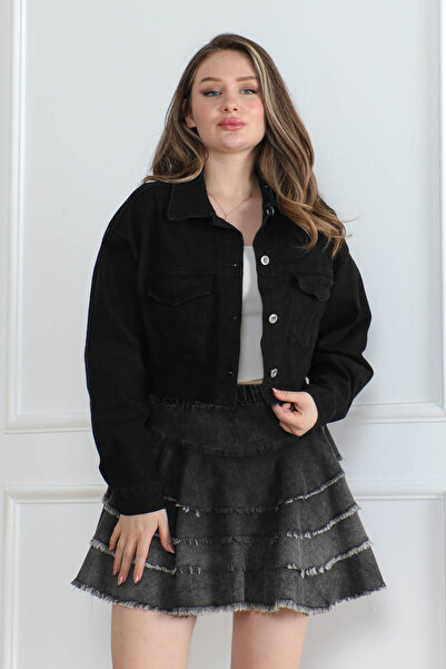 DESTEMODA سترة نسائية من الدنيم مقصوصة بالليزر باللون الأسود 2002