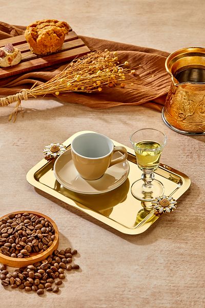 Milenay Elegante Gold Series, Duo Bella Flora Handle Patterned Gold Presentation Promise Engagement Tray, 22X16Cm, Single Piece