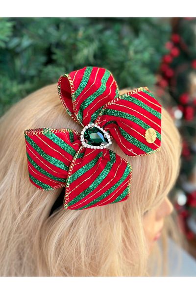 QUEEN AKSESUAR French Ribbon - Christmas Crown with Large Silvery Crystal Stones Red Green Velvet Crown