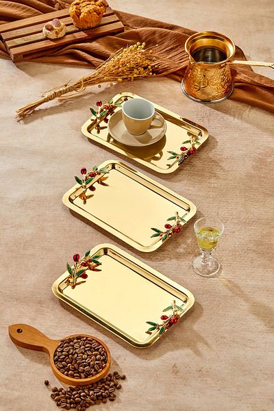 Milenay Gold Series - Duo Bacche Rosso Handle Patterned, 22X16Cm Engagement Tray, 3 Pieces