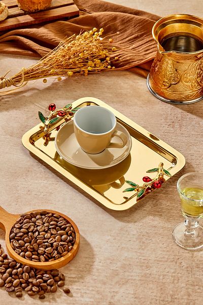 Milenay Gold Series - Duo Bacche Rosso Handle Patterned Promise Engagement Tray, 22X16Cm, Single Piece